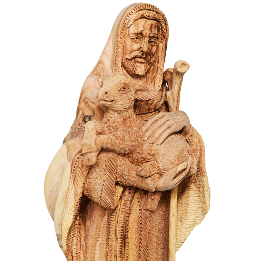 Biblical ‘Jesus the Good Shepherd’ Statue ‘Grade A’ Olive Wood Figurine – detail