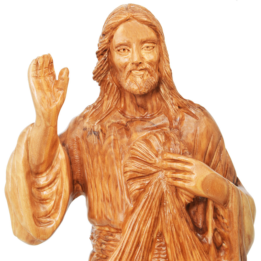 Sacred Heart of Jesus Statue – Olive Wood Hand Carving – 12″ (detail)