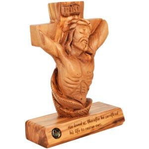 Jesus Hanging on Cross 'He Loved Us' Olive Wood Ornament