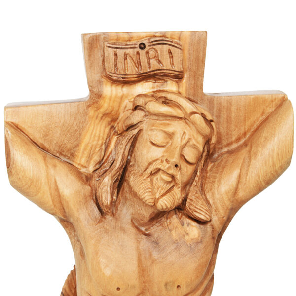 Jesus Hanging on Cross 'He Loved Us' Olive Wood Ornament (detail)