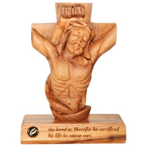 Jesus Hanging on Cross 'He Loved Us' Olive Wood Ornament (front view)