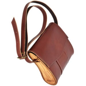 Handmade Leather & Olive Wood Shoulder Bag from Israel - Dark Tan