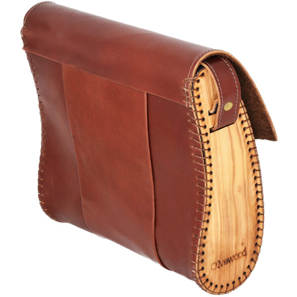 Handmade Leather & Olive Wood Shoulder Bag from Israel - Dark Tan (rear view)