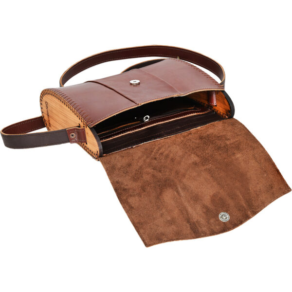 Handmade Leather & Olive Wood Shoulder Bag from Israel - Dark Tan (open)