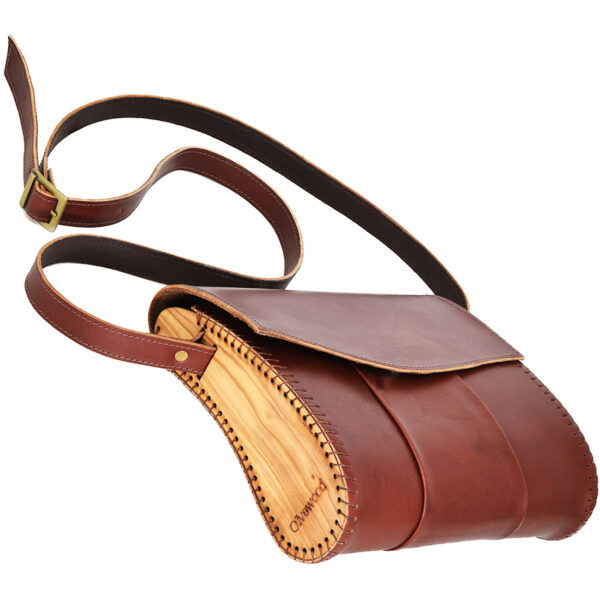 Handmade Leather & Olive Wood Shoulder Bag from Israel - Dark Tan (bottom side)