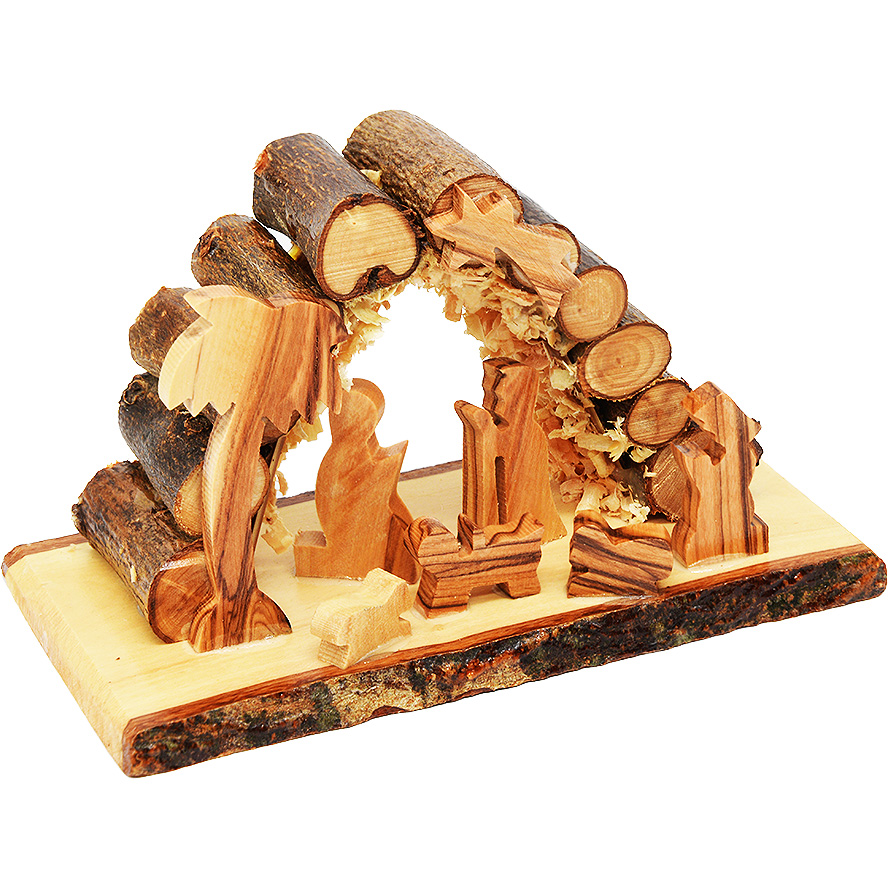 Olive Wood Log Grotto Christmas Nativity Scene from Bethlehem (front side view)