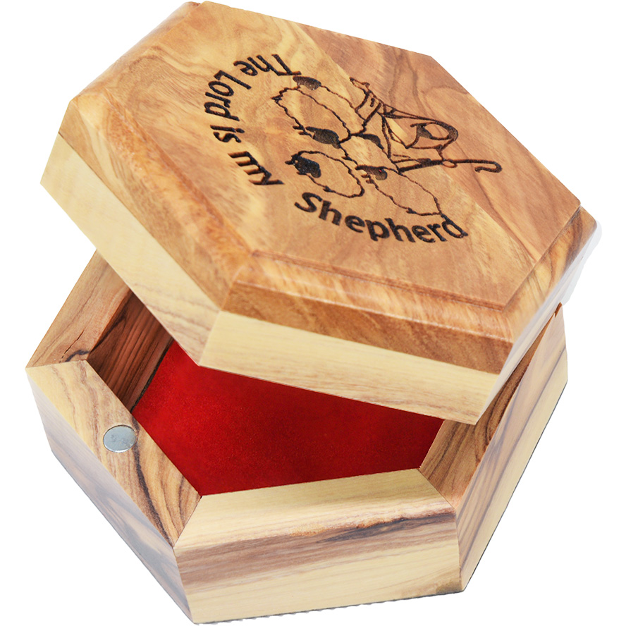 ‘The Lord is My Shepherd’ Olive Wood Hexagonal Box – 3.8″ (with lid open)