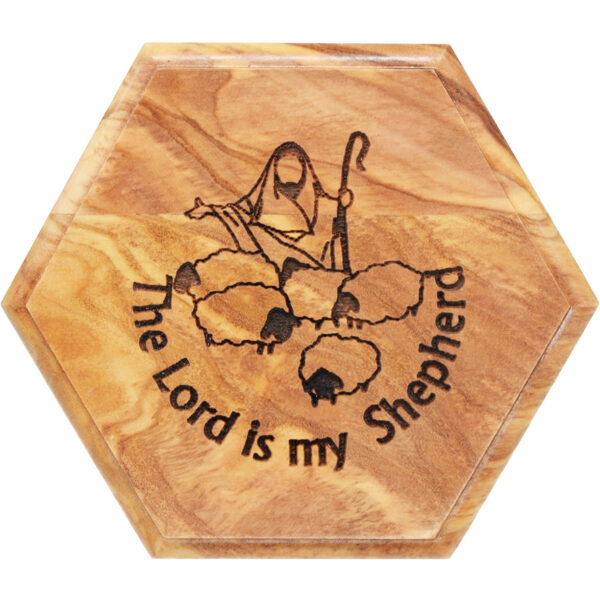 'The Lord is My Shepherd' Olive Wood Hexagonal Box - 3.8" (view from above)