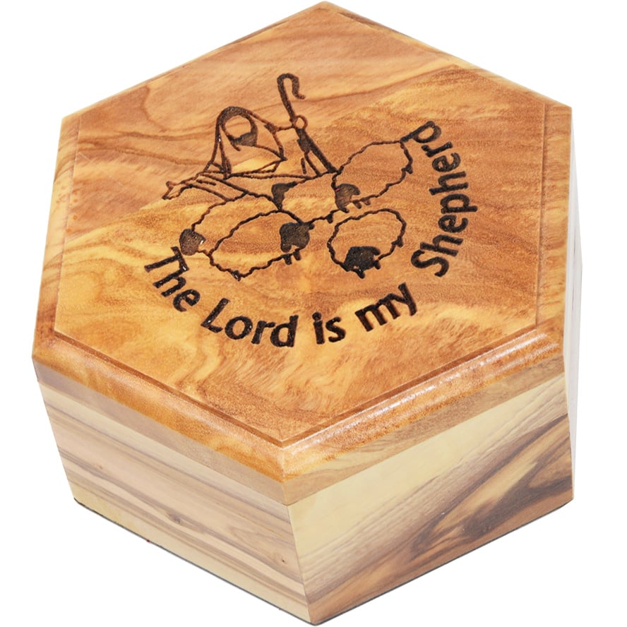 ‘The Lord is My Shepherd’ Olive Wood Hexagonal Box – 3.8″
