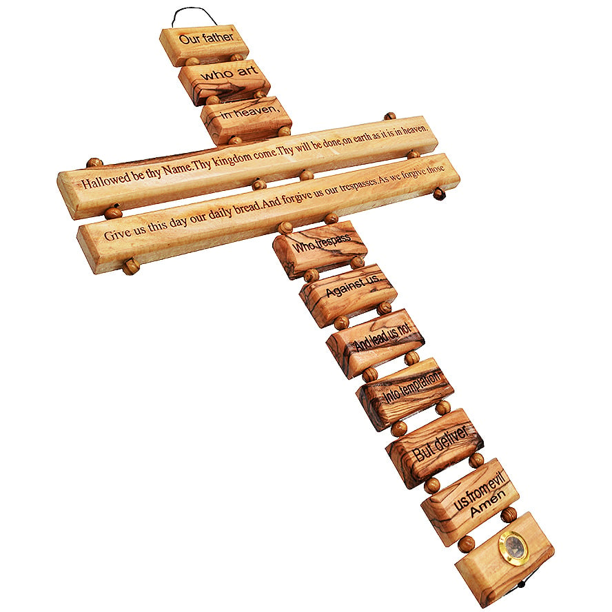 The Lord’s Prayer’ Wall Cross made from Olive Wood in Israel – 18″