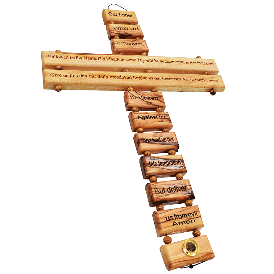 ‘The Lord’s Prayer’ Wall Cross made from Olive Wood in Israel – 18″