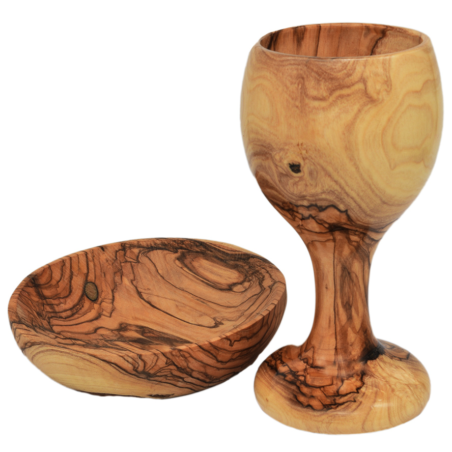 ‘The Lord’s Supper’ Olive Wood Cup and Dish from Jerusalem – 6″ (pair set)