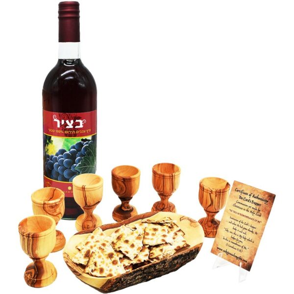 Olive Wood 'The Lord's Supper' set - 6 Stem Cups - Jerusalem Grape Juice