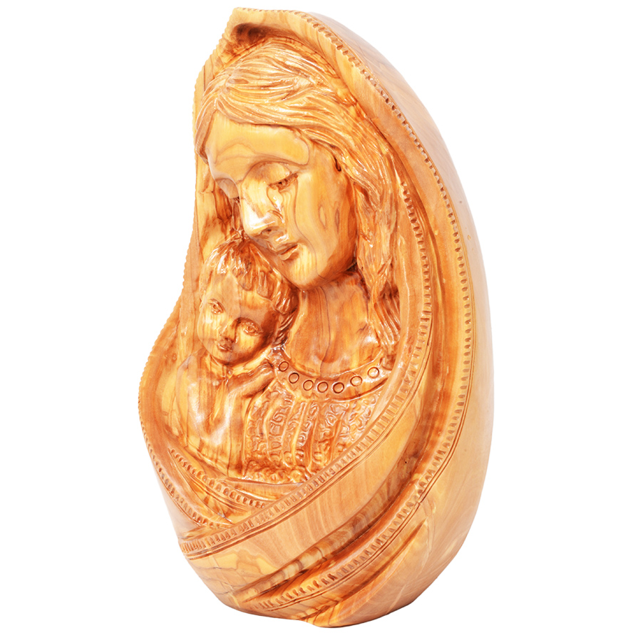 ‘Mary and Jesus’ Olive Wood Figurine Carving – Catholic Art – 9.5″ (angle view)