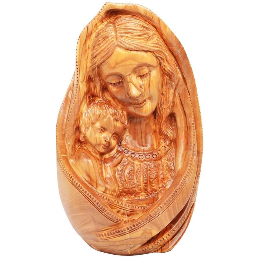 Mary and Jesus' Olive Wood Figurine Carving - Catholic Art - 9.5"