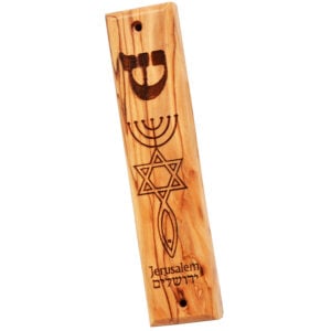 Olive Wood Messianic 'Grafted In' Mezuzah with 'Jerusalem' - 5"