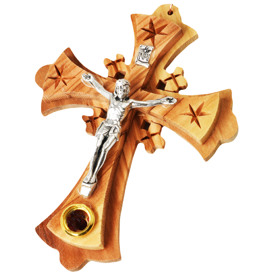 Olive Wood Cross with Metal Crucifix and Incense Wall Hanging – 4″ inch (right side)