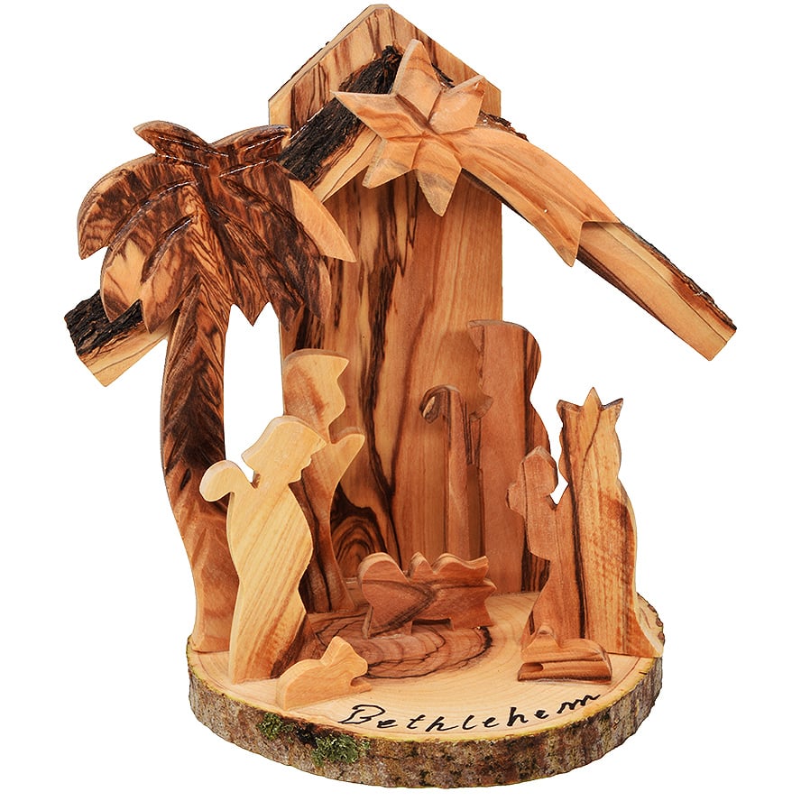 Nativity Creche Manger Ornament with Bark - Fixed - 4 inch