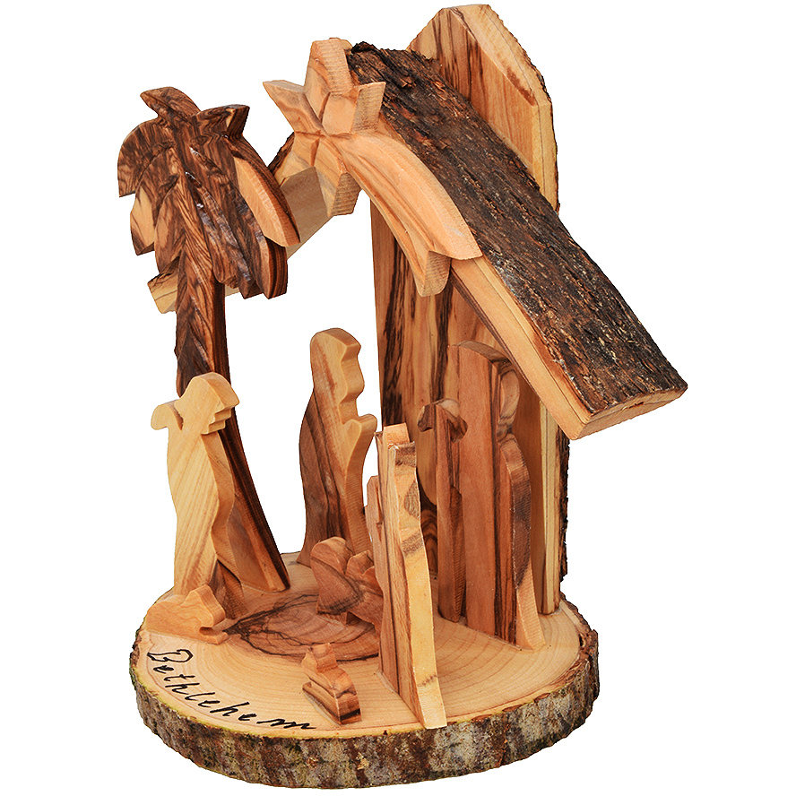 Nativity Creche Manger Ornament with Bark – Fixed – 4 inch