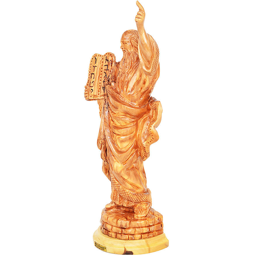 ‘Moses and the Ten Commandments’ Olive Wood Carving – Biblical Art – 11″ (angle)