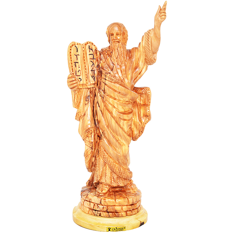 Moses and the Ten Commandments' Olive Wood Carving - Biblical Art - 11"