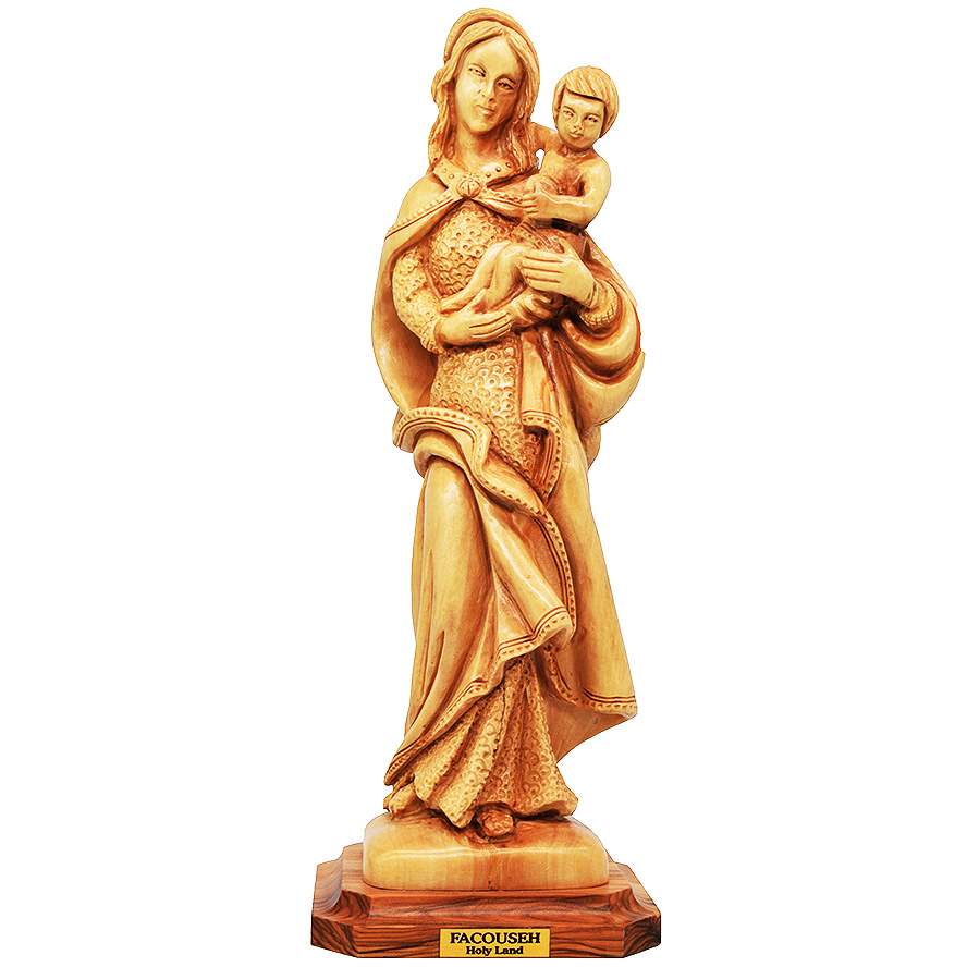 Mother of Mercy with Baby Jesus' Figurine Olive Wood Carving - 10.5"