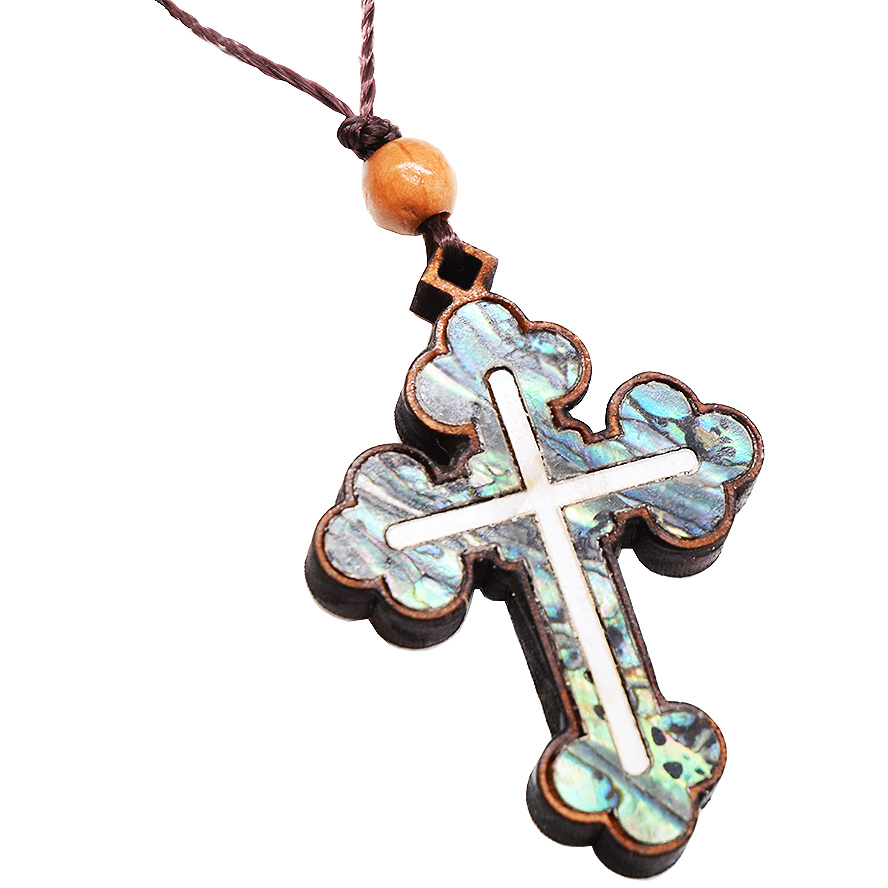 Olive Wood 'Orthodox Cross' Necklace - Abalone