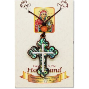 Olive Wood 'Orthodox Cross' Necklace - Abalone on presentation card