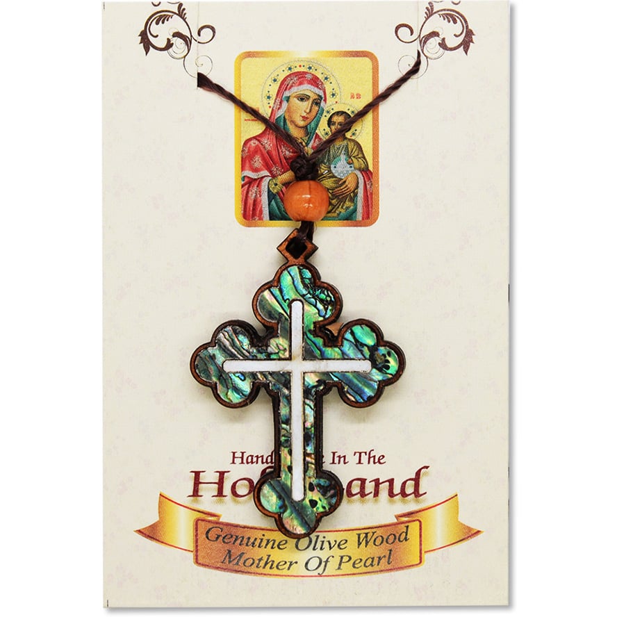 Olive Wood ‘Orthodox Cross’ Necklace – Abalone on presentation card