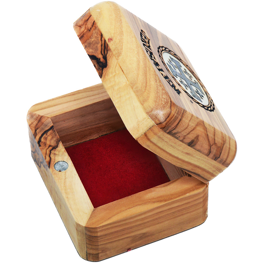 Mother of Pearl ‘Jerusalem Cross’ Engraved Olive Wood Box – 2.75″ (lid open)