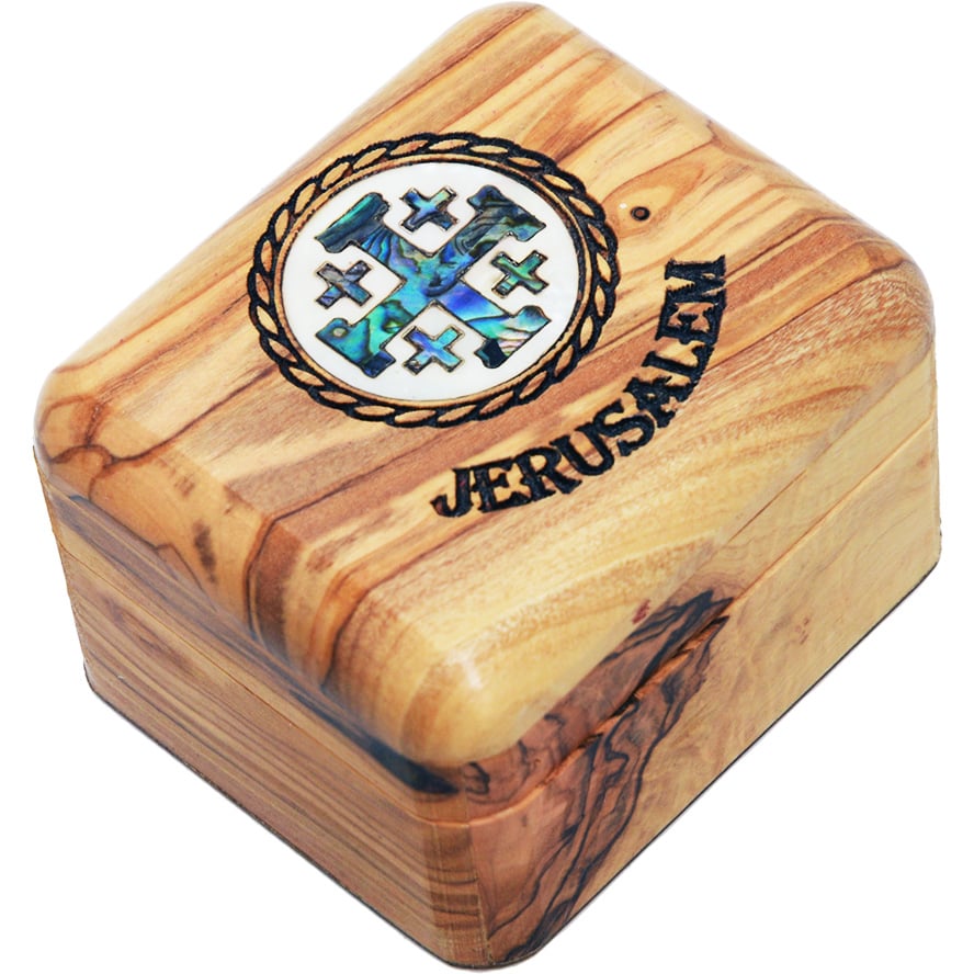 Mother of Pearl 'Jerusalem Cross' Engraved Olive Wood Box - 2.75"