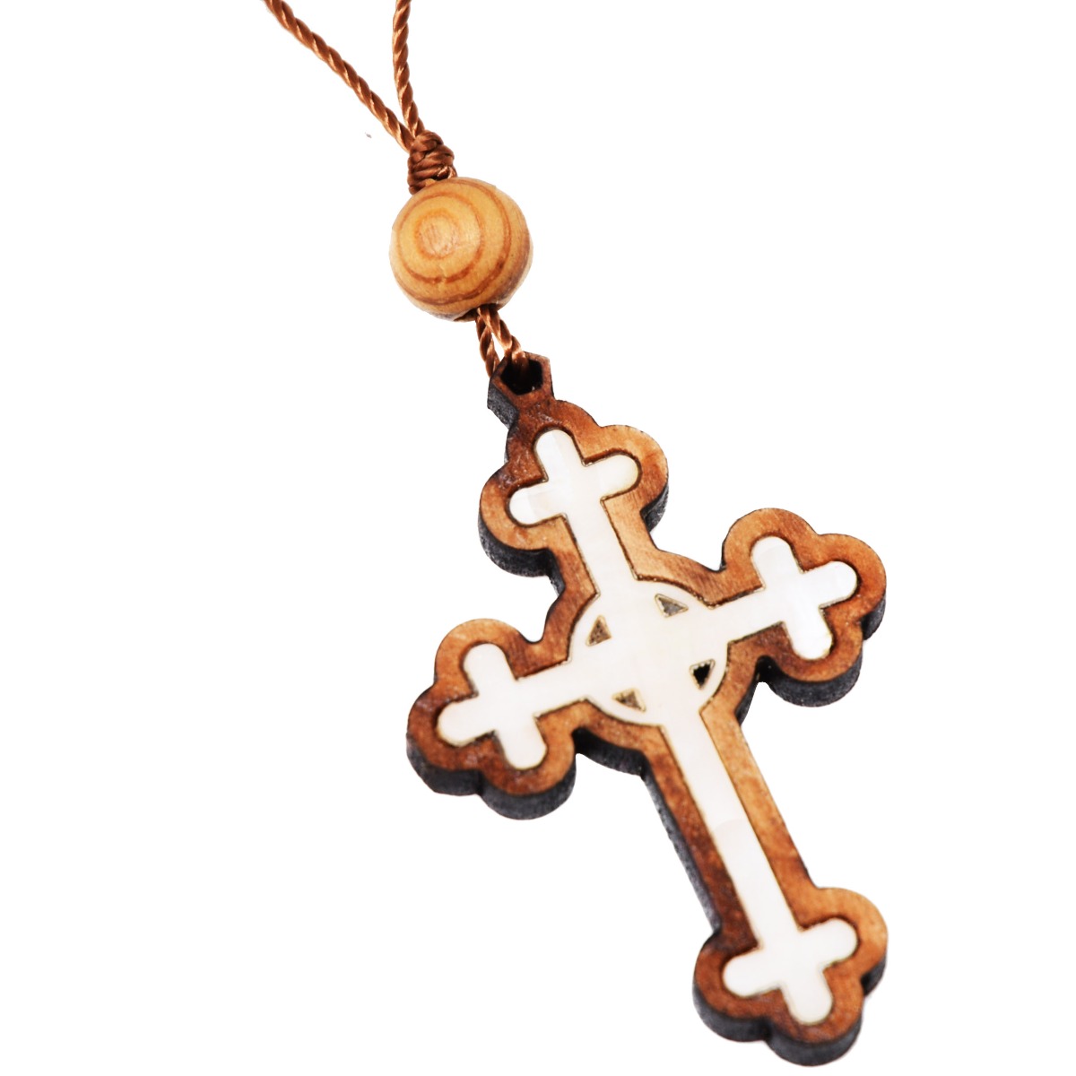 Orthodox Cross Olive Wood Necklace with Mother of Pearl