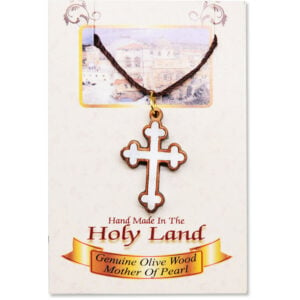 Olive Wood Cross Necklace with Mother of Pearl - Made in Bethlehem in presentation pack