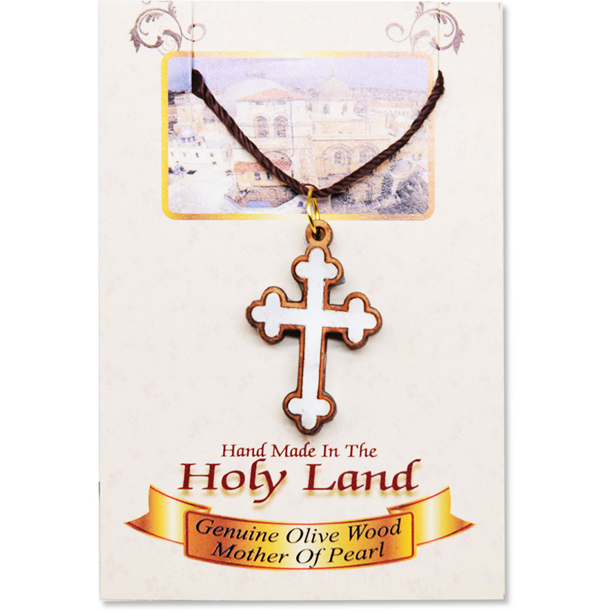 Olive Wood Cross Necklace with Mother of Pearl – Made in Bethlehem in presentation pack