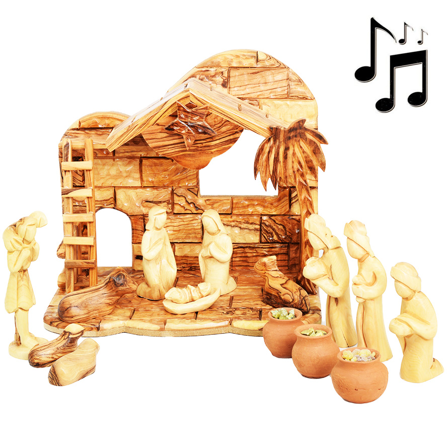 Wooden Musical Nativity with Faceless Figurines + Wise Men Gifts - 11" - Made in Israel