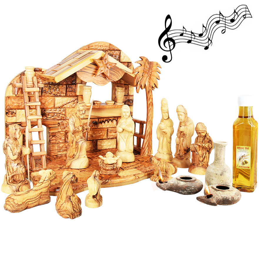 Olive Wood Musical Nativity with Jesus Period Clay Lamps and Oil Filler (low angle view)
