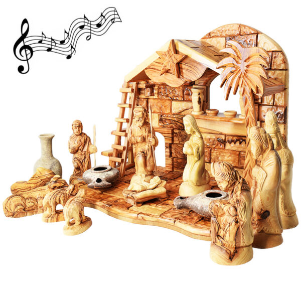Olive Wood Musical Nativity with Jesus Period Clay Lamps and Oil Filler (right angle)