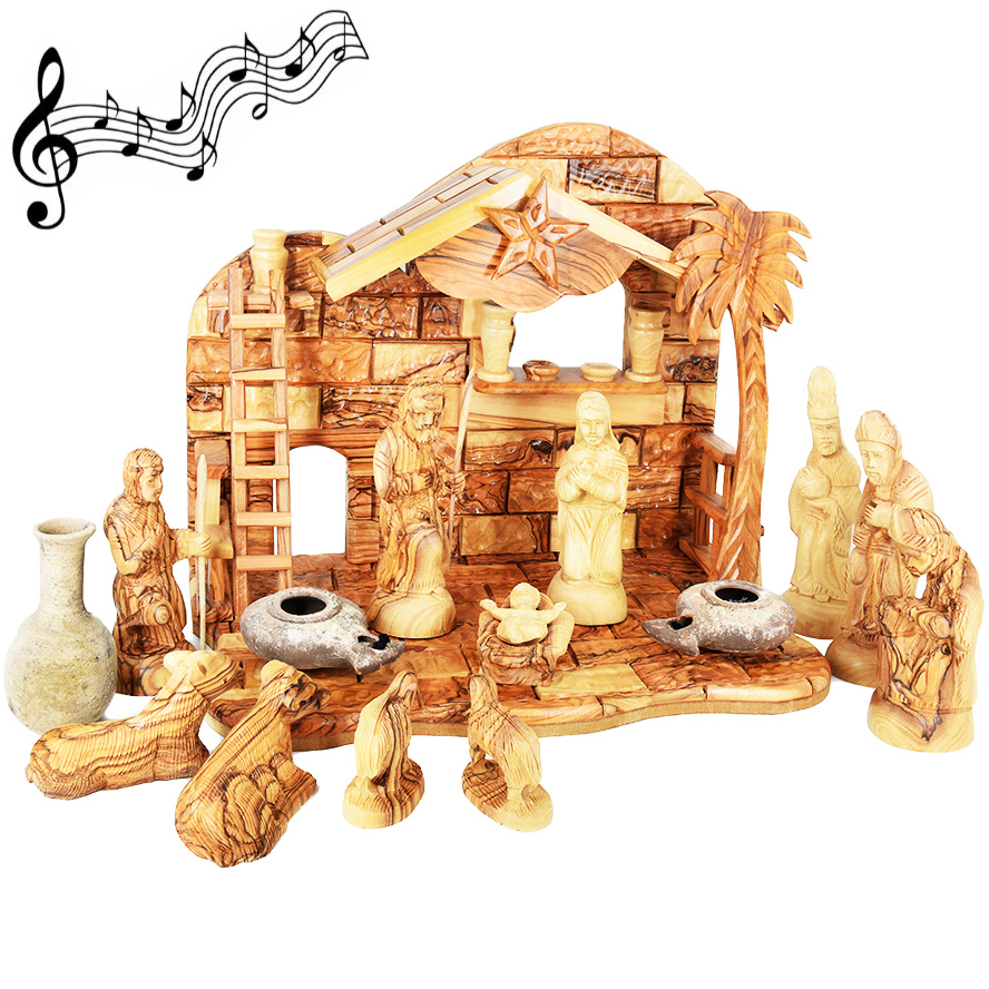 Olive Wood Musical Nativity with Jesus Period Clay Lamps and Oil Filler (straight view)