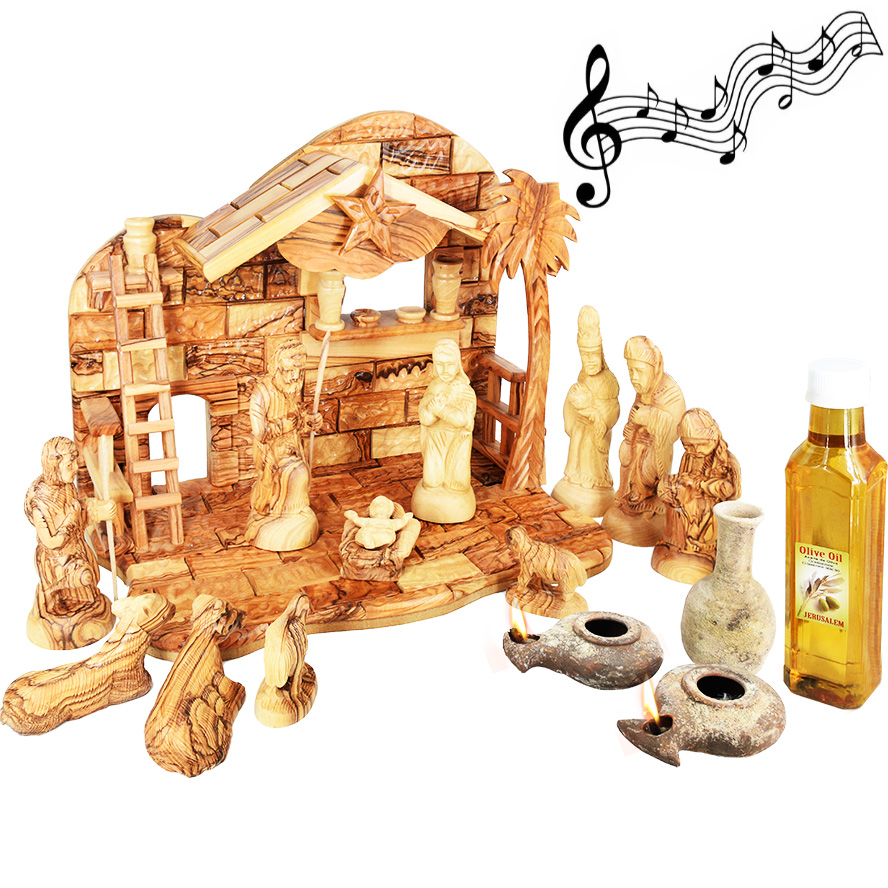 Olive Wood Musical Nativity with Jesus Period Clay Lamps and Oil Filler