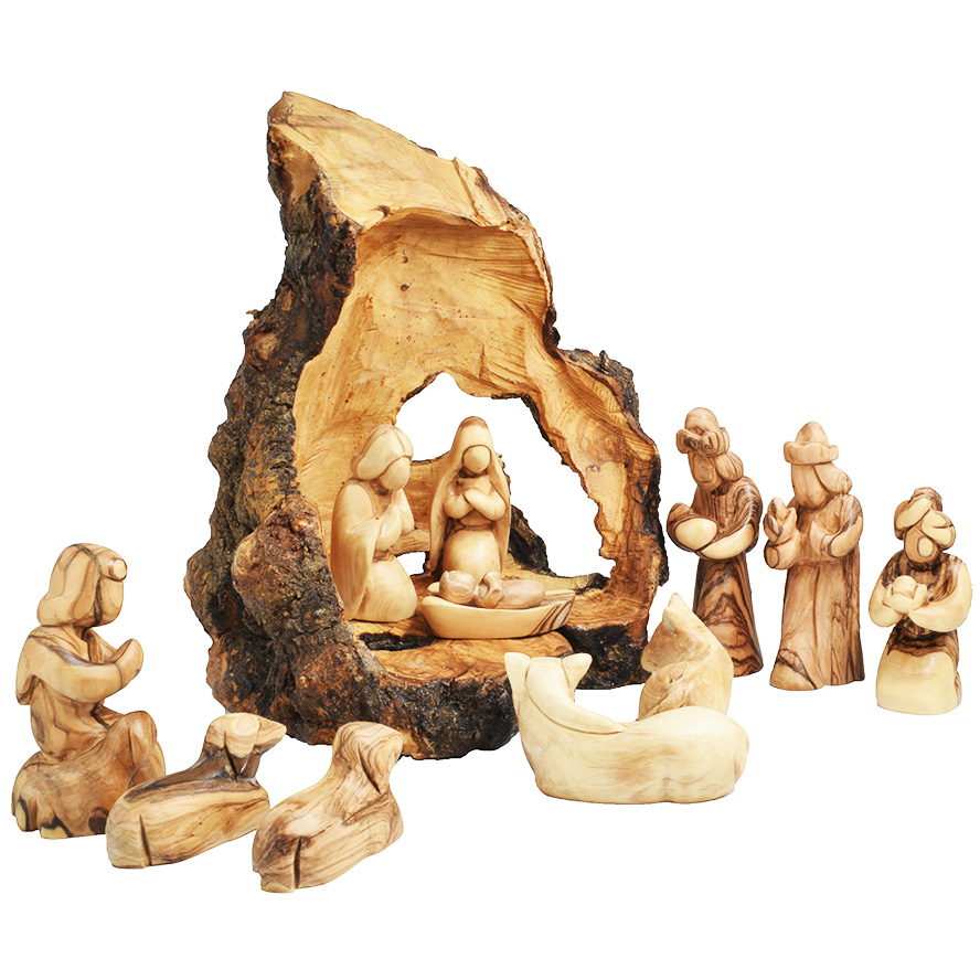 Olive Wood Cave Nativity Set – Faceless – Made in Bethlehem (side view)