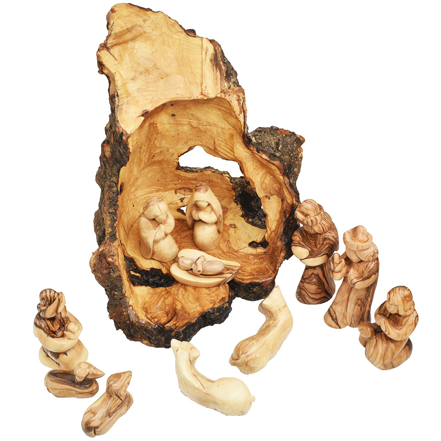 Olive Wood Cave Nativity Set – Faceless – Made in Bethlehem (top view)
