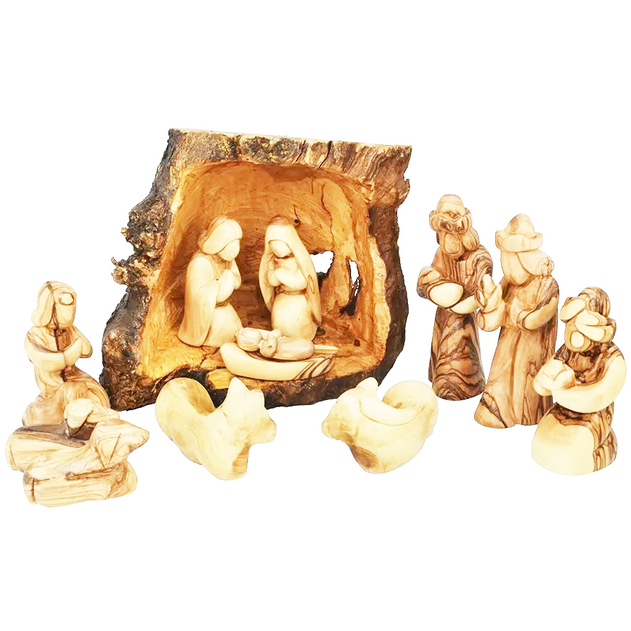 Olive Wood Cave Nativity Set – Faceless – Made in Bethlehem – Med