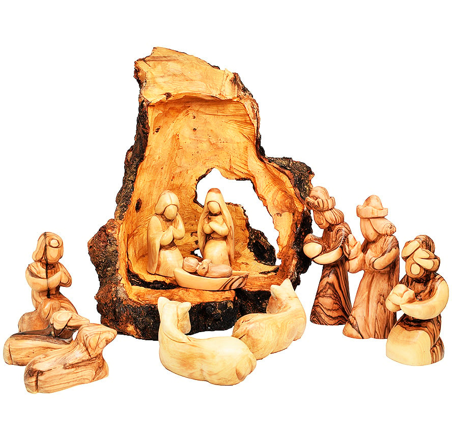Olive Wood Cave Nativity Set – Faceless – Made in Bethlehem