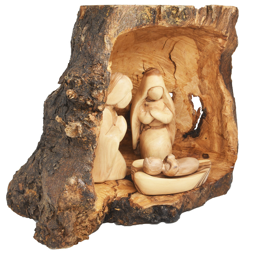 Olive Wood Holy Family Cave Nativity - Hand Carved in Bethlehem - Med (side view)