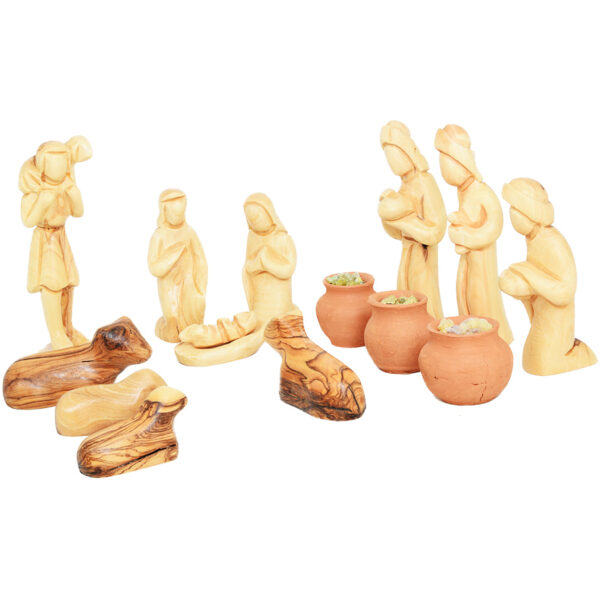 Wooden Nativity faceless figurines set with the wise men and gifts
