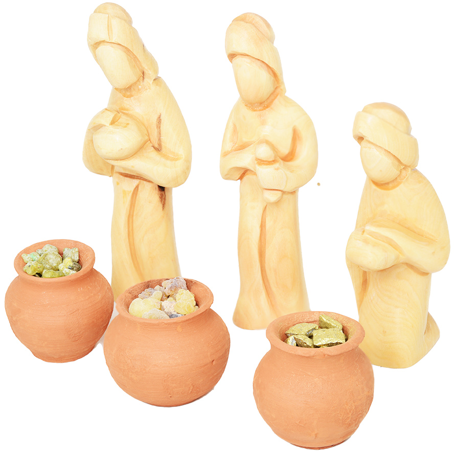 Olive wood faceless figurines of the wise men bearing gifts