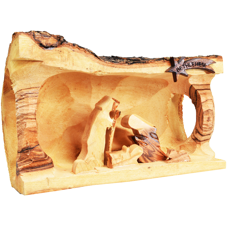 Nativity Scene in Carved Log with Bark – Fixed – 8″ inch