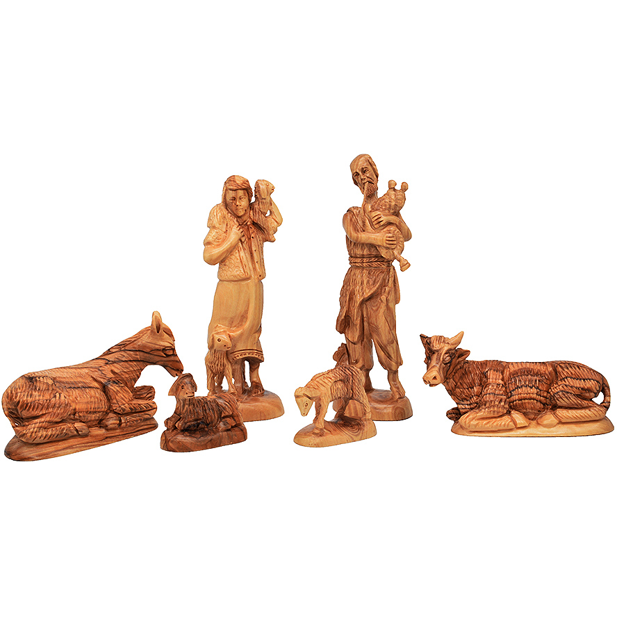 Luxury Olive Wood Nativity pieces – shepherd and animals with musician