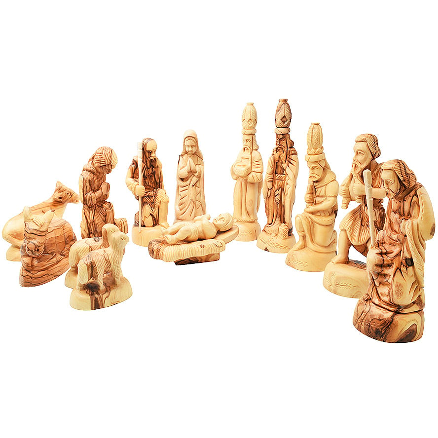 Set of Olive Wood Nativity Figurine Carvings from Bethlehem – 14 pc
