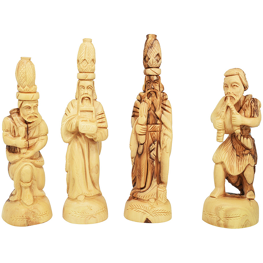 Set of Olive Wood Nativity Figurine Carvings from Bethlehem – 14 pc (Kings and musician)